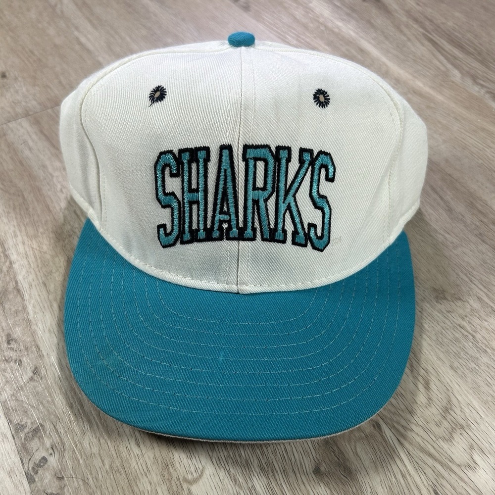 VTG San Jose Sharks Fitted 7 3/8 Hat NHL Hockey White Blue Wool Cap Made in USA